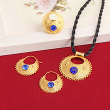 Load image into Gallery viewer, Blue Red Green Stone Habesha Pendant Necklaces Earrings Ring Gold Color
