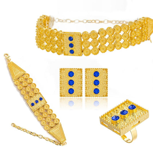 Habesha Gold Color Jewelry sets Colored Stone Chokers Necklace/Earrings/Ring/Bracelet