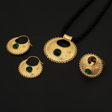 Load image into Gallery viewer, Blue Red Green Stone Habesha Pendant Necklaces Earrings Ring Gold Color
