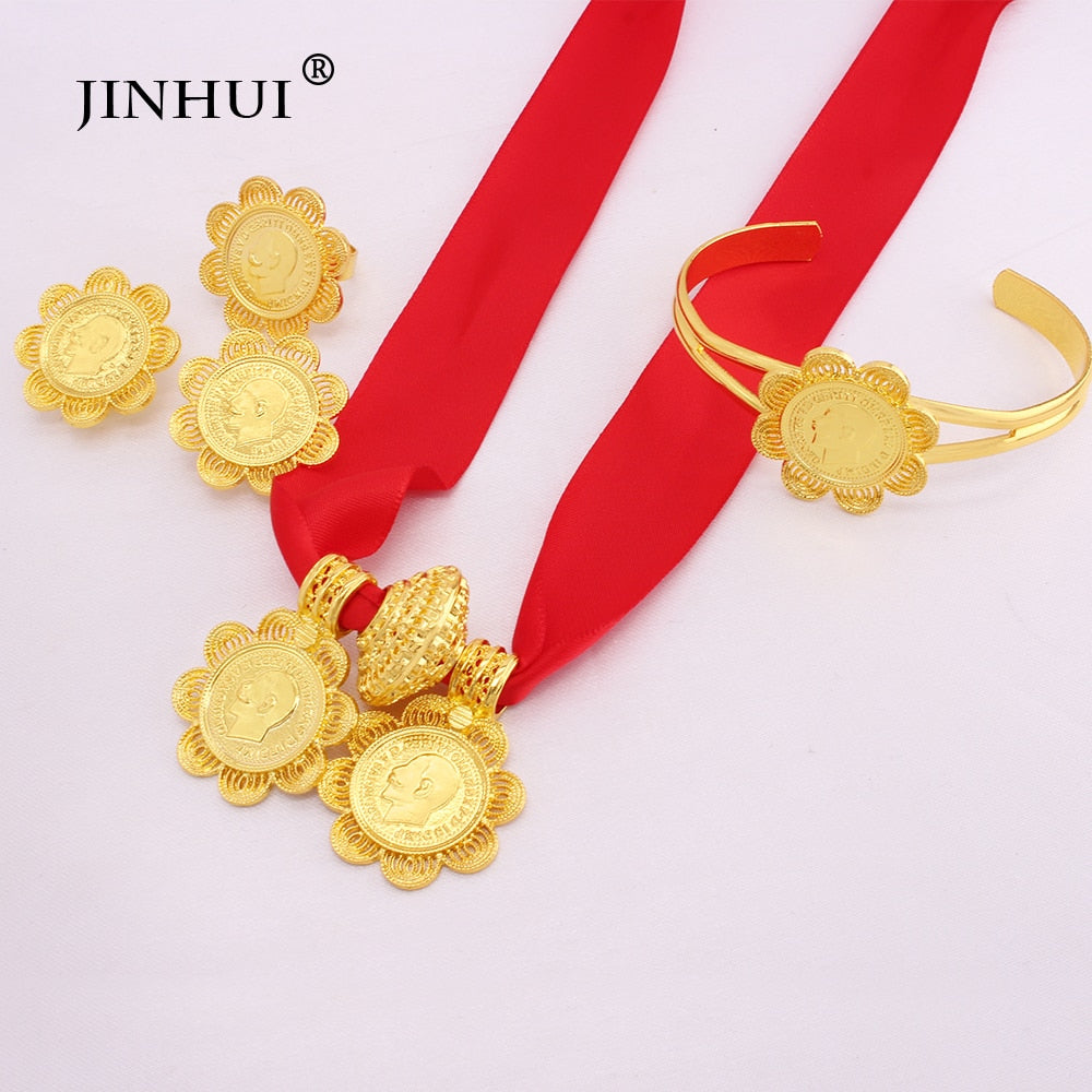 Habesha Luxury Jewelry sets Gold plated Earrings Ring Bangle Pendant