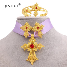 Load image into Gallery viewer, Habesha gold plated cross jewelry sets Pendant Necklace Earring Ring gifts for women
