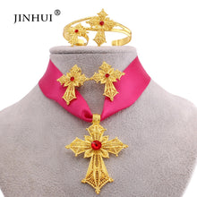 Load image into Gallery viewer, Habesha gold plated cross jewelry sets Pendant Necklace Earring Ring gifts for women
