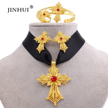 Load image into Gallery viewer, Habesha gold plated cross jewelry sets Pendant Necklace Earring Ring gifts for women
