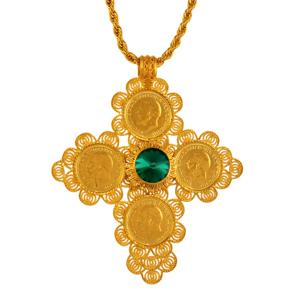 Habesha Big Cross Pendants Necklaces Women Men Gold Color Jewelry