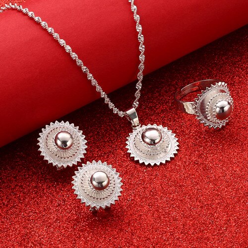 New Habesha Silver Color Sets Pendant Necklaces Earrings Ring