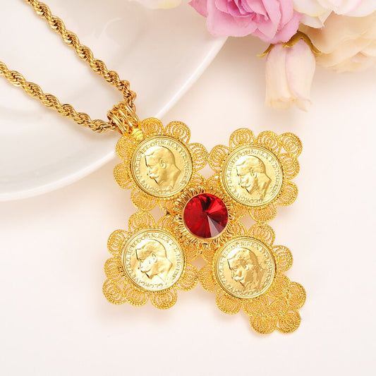 big Coin Cross Pendants Long 80cm Necklaces 24 k Yellow Solid Gold FINISH Heavy Jewelry