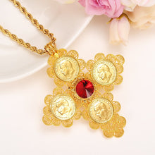 Load image into Gallery viewer, big Coin Cross Pendants Long 80cm Necklaces 24 k Yellow Solid Gold FINISH Heavy Jewelry
