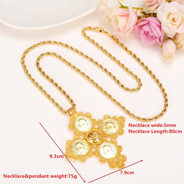 big Coin Cross Pendants Long 80cm Necklaces 24 k Yellow Solid Gold FINISH Heavy Jewelry