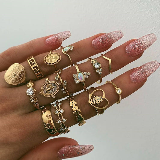 15 Pcs/Set Fashion  Gold Ring Set for Women Charm Jewelry