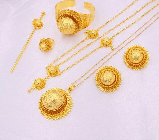 Habesha 24K gold Necklace earrings bracelet ring Hairpin