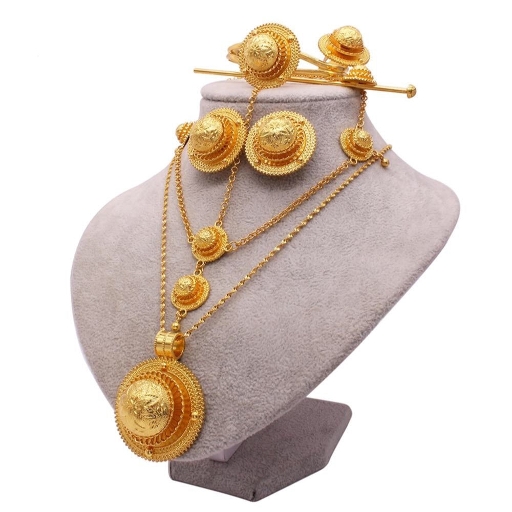 Habesha 24K gold plated bridal Jewelry sets Hairpin necklace earrings bracelet ring