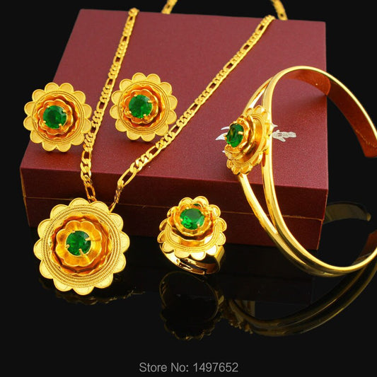 Habesha Beautiful Flowers set Jewelry 24k Gold Color Women Wedding Jewelry Set