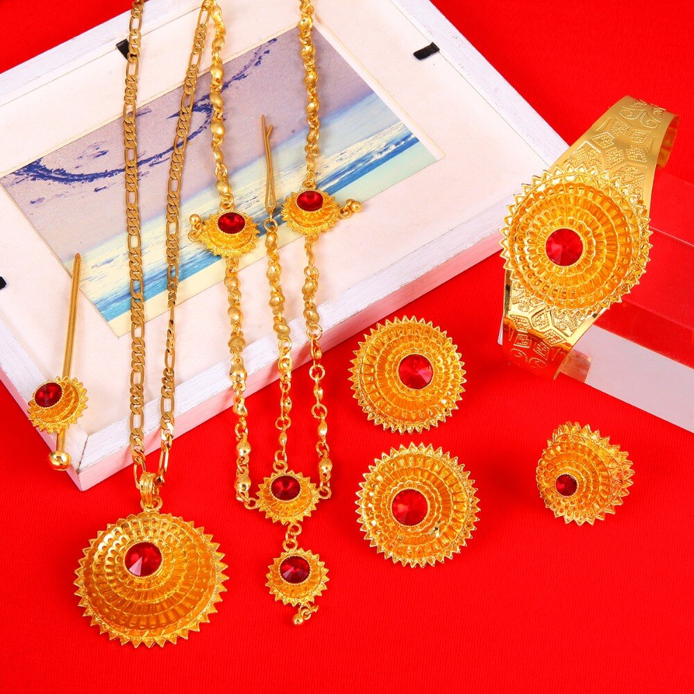 Habesha Gold Hair Piece Pendant Chain Earings Ring Hair Pin Bracelet